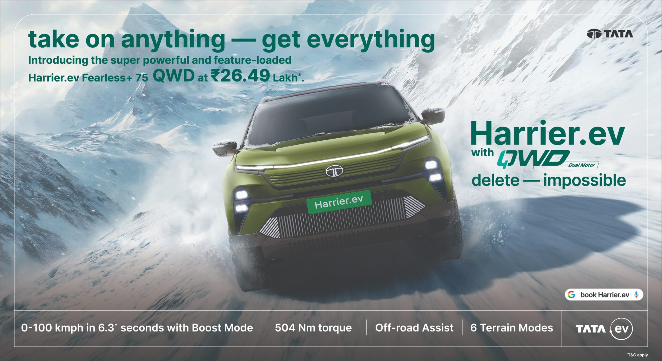 Tata Motors Introduces More Affordable Quad Wheel Drive Variant of Harrier.ev at ₹26.49 Lakh